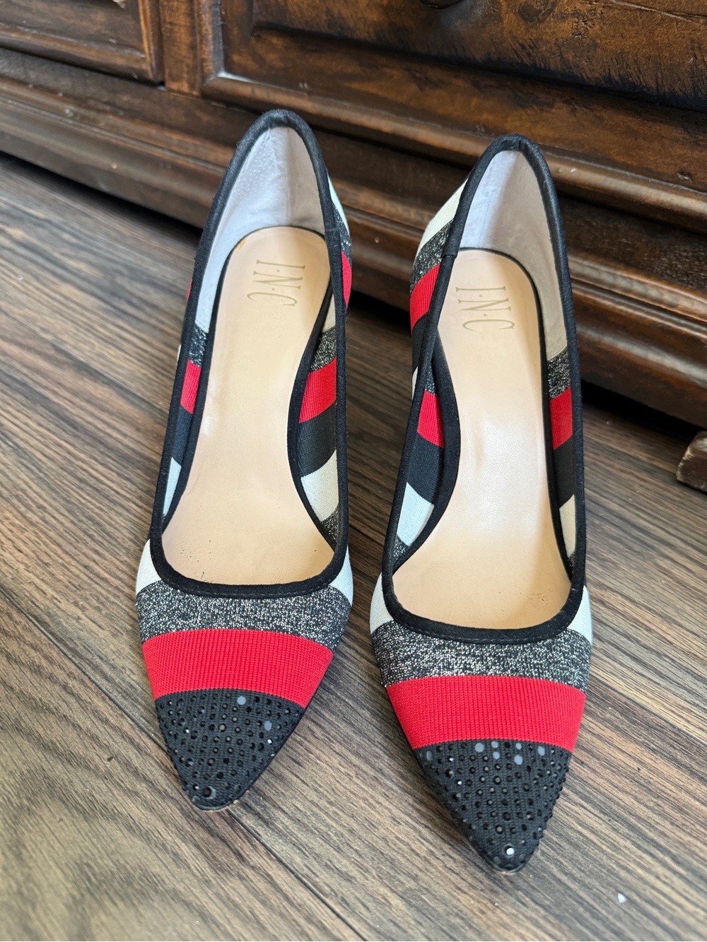 INC International Concepts Red Black White Pointed Toe Stripe Heels